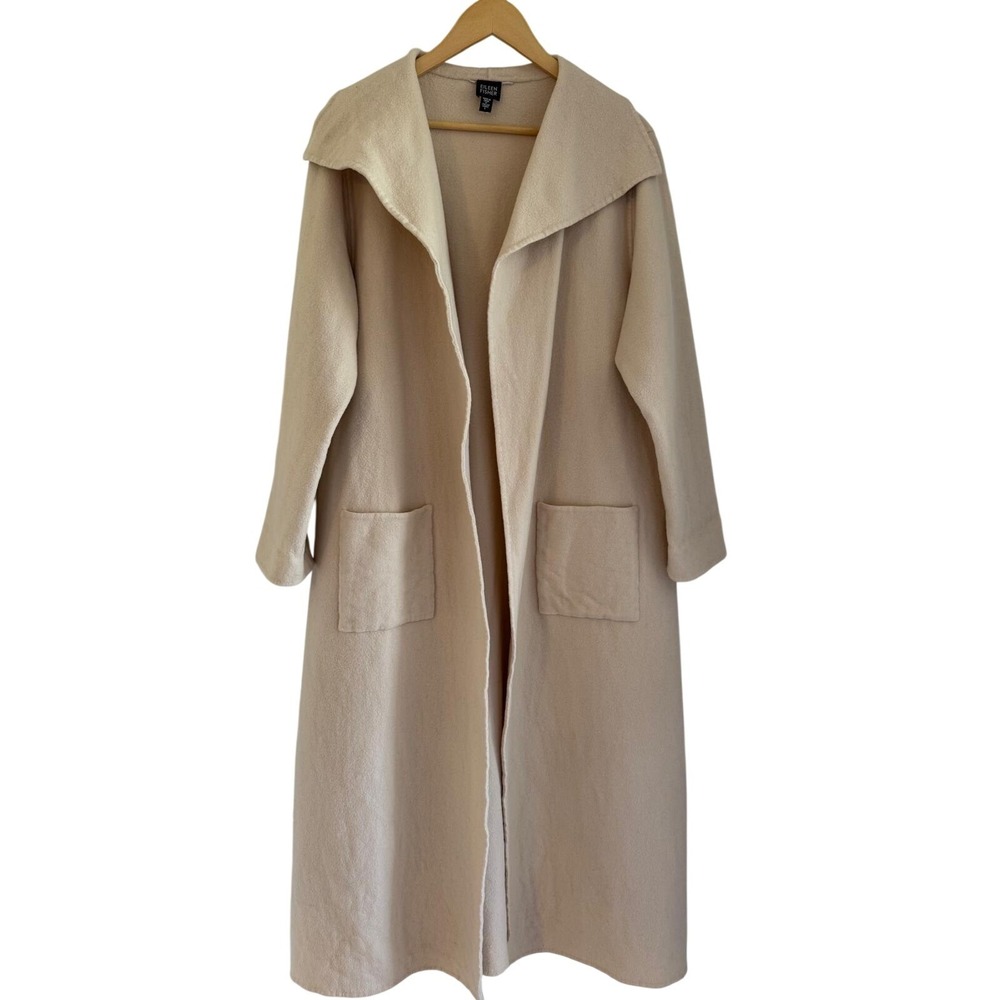 Eileen Fisher Wool Cashmere Blend Duster Coat Cream Open Front Size Large L
